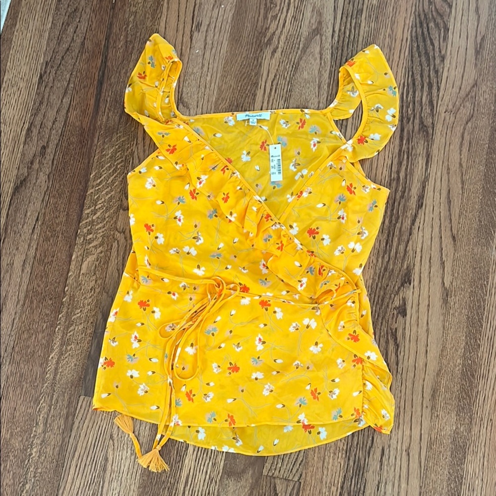 Madewell Silk Floral Yellow Tie Front Wrap Blouse
